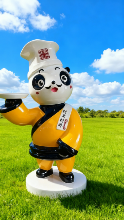 卡通玻璃钢熊猫厨师雕塑