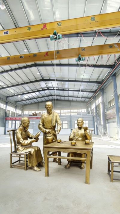 古代的喝茶人物铜雕